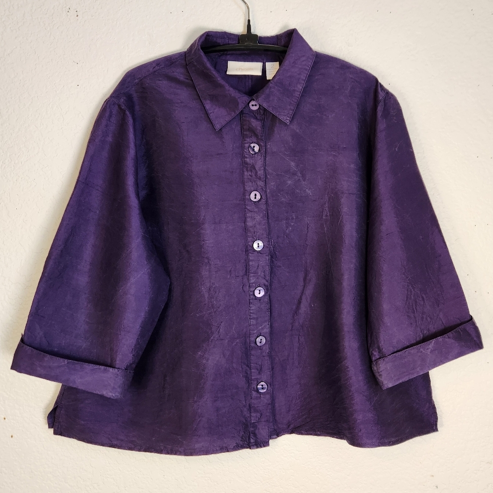 Chico's Deep Purple Button-Up Dupioni Silk Blouse, Size 2 (L)‎